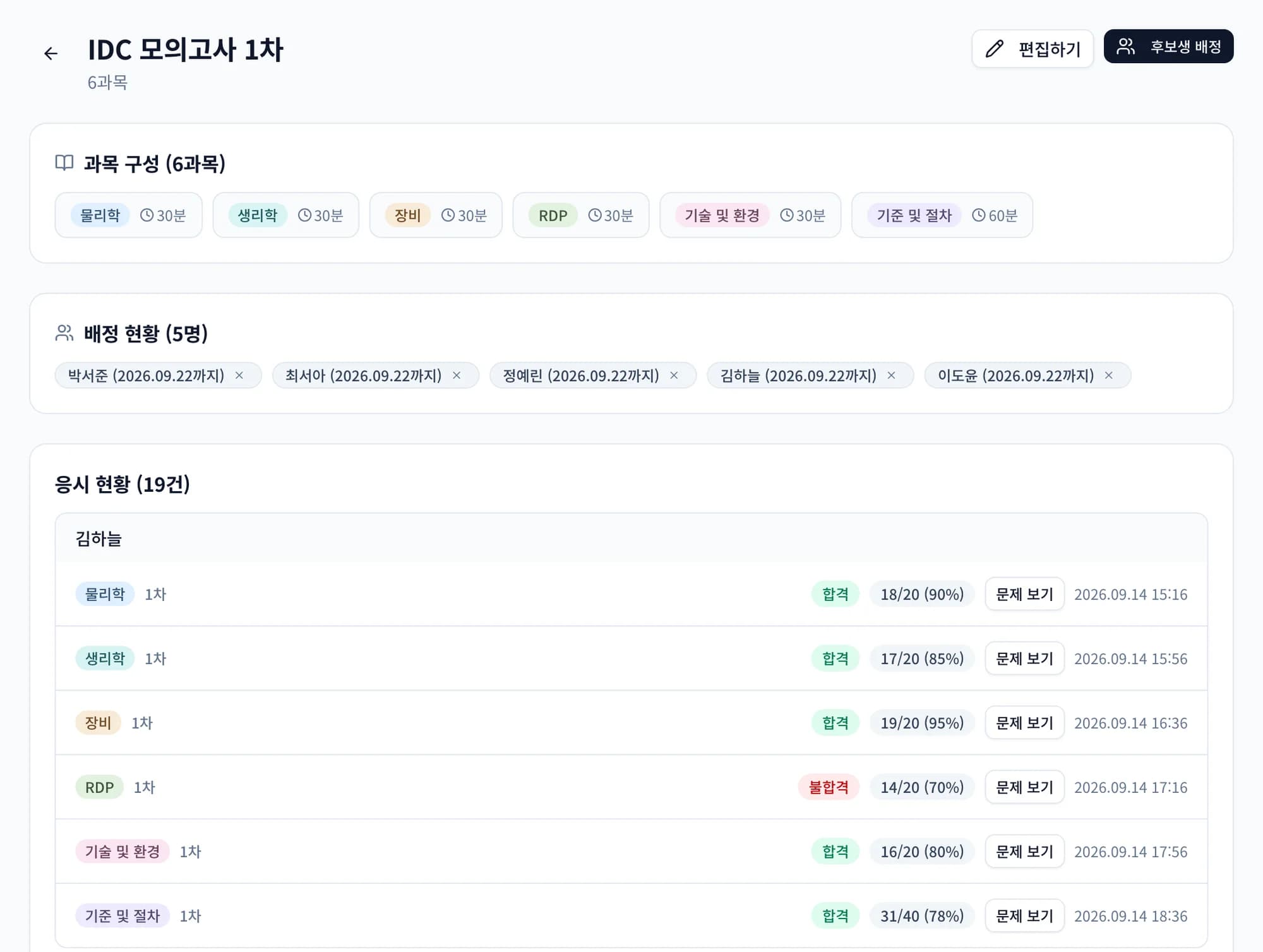 센터 관리의 IDC 모의고사 1차 화면. 6과목 구성과 과목별 시간 제한, 후보생 5명 배정 현황, 김하늘 후보생의 물리학 90%, 생리학 85%, 장비 95%, RDP 70% 불합격, 기술 및 환경 80%, 기준 및 절차 78% 결과가 보입니다.
